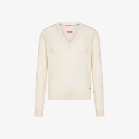 Maglia in lana a trecce con scollo a V bianco panna