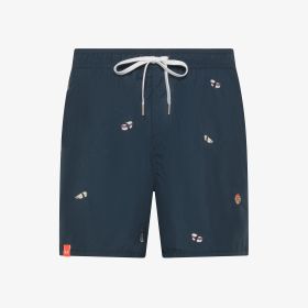 Navy blue striped beach shorts with embroidery